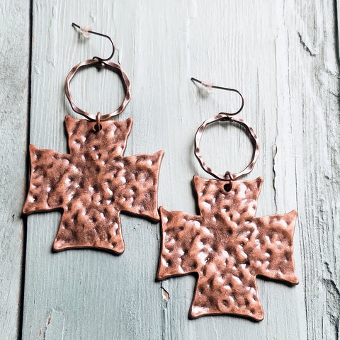 Hammered Cross on Copper Hoop Earrings