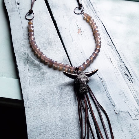 Faceted Gray Agate Necklace with Rhinestone Steer Head