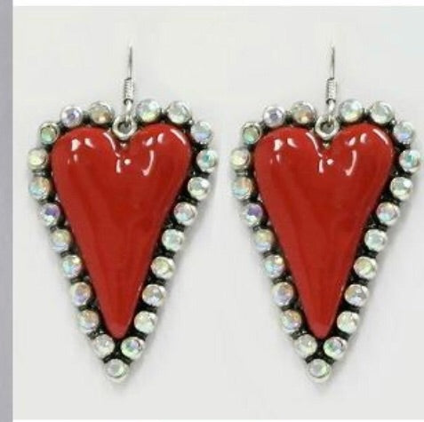 Rhinestone And Red Heart Earrings.