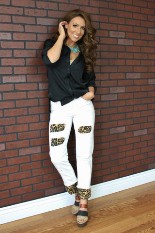 Boyfriend Jeans with Leopard-White