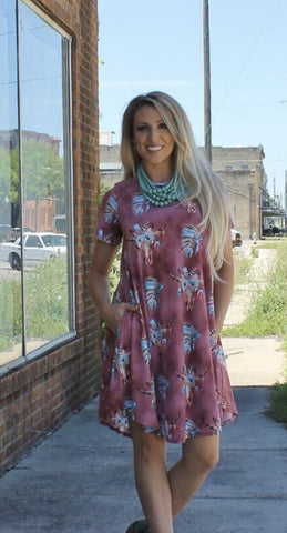 Addictive Dress-Floral Steer and Indian Headdress