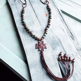 Hammered Cross on African Turquoise Necklace with Leather Fringe Tassel