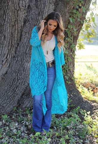 Crazy for Lace Duster Turquoise Alison s Fashion