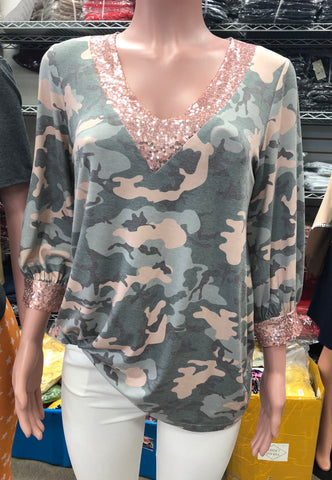 Camo and Sequin Top
