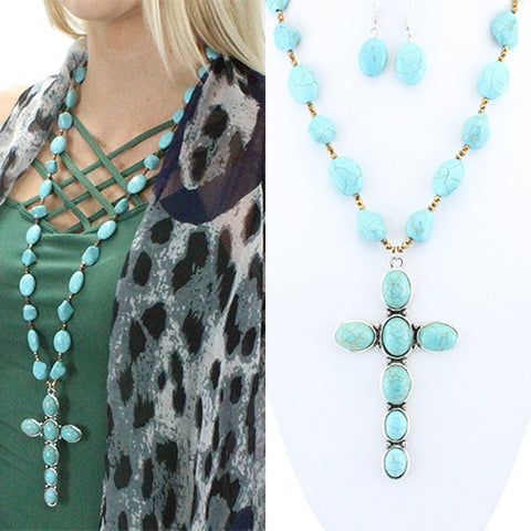 Long Turquoise Cross Necklace