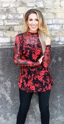 Floral red and black sheer top