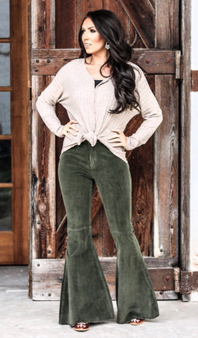 Corduroy Bell Bottom Pants-Olive