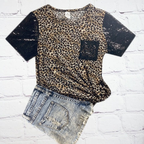 Leopard with Sequin Sleeve and pocket